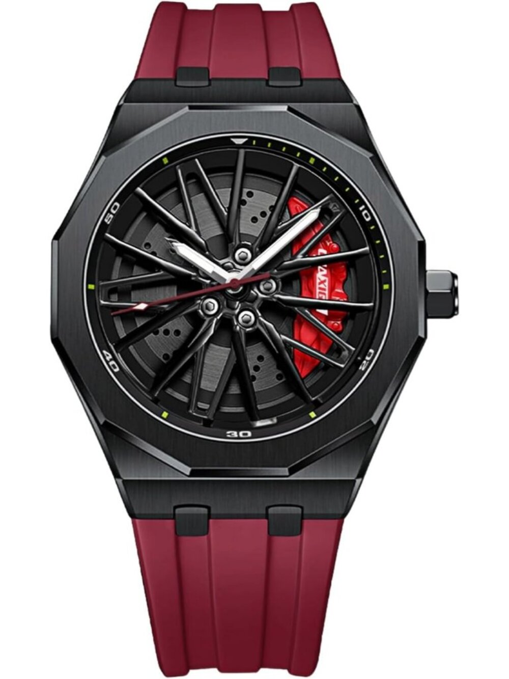 Men's Red Durable Rubber Strap Quartz 30M Water Resistant Unique Wrist Watch